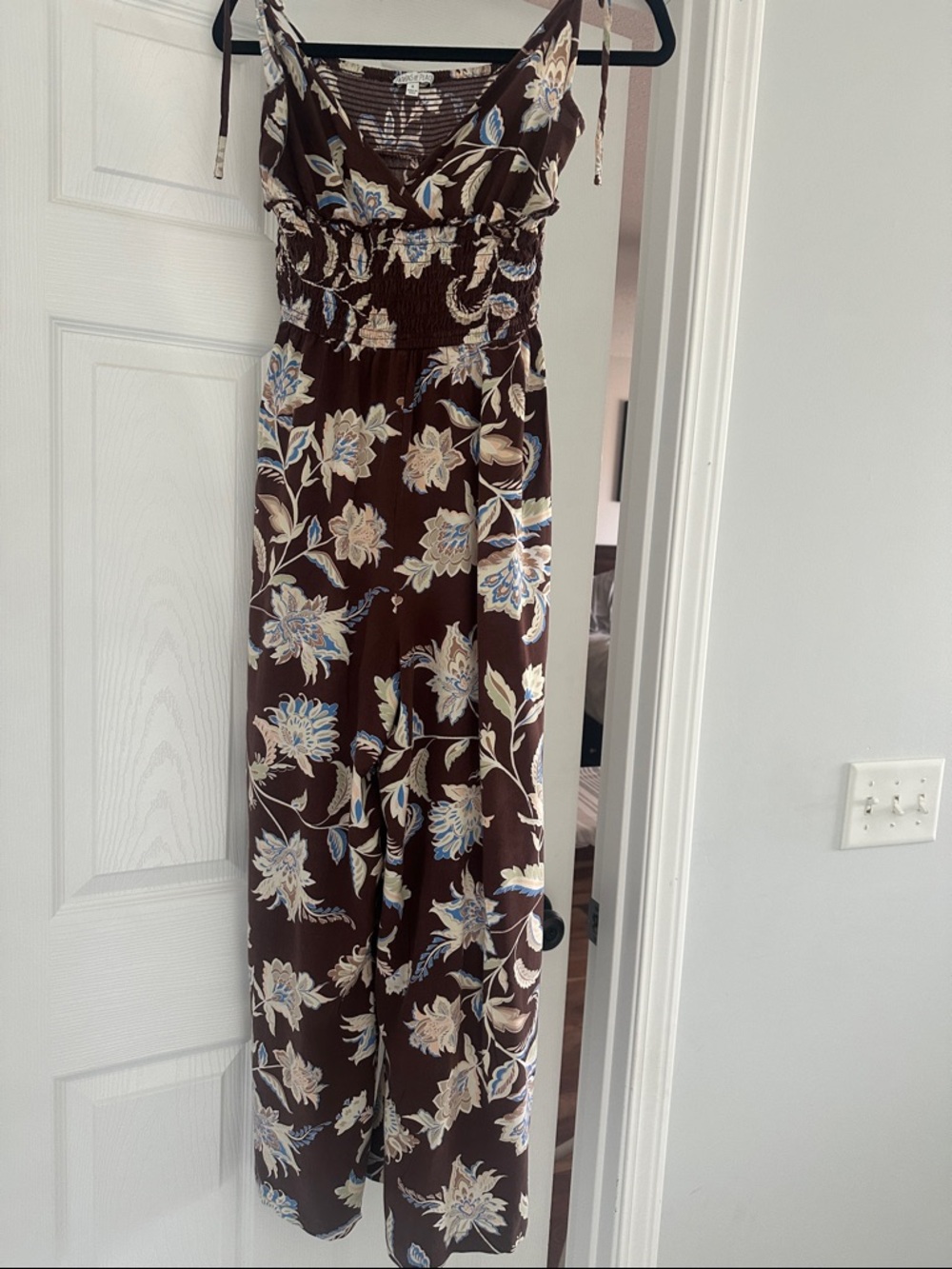 Patrons of Peace Brown Floral Jumpsuit with Blue and Cream Accents